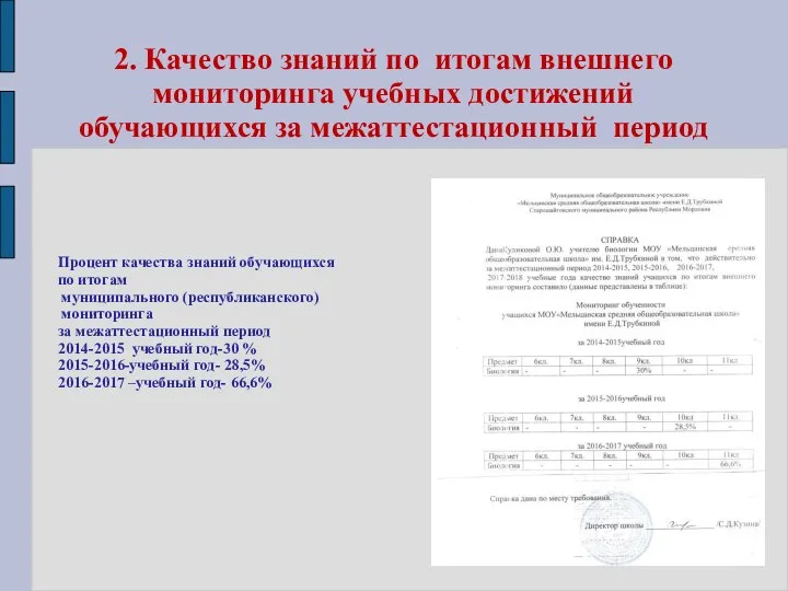 2. Качество знаний по итогам внешнего мониторинга учебных достижений обучающихся за