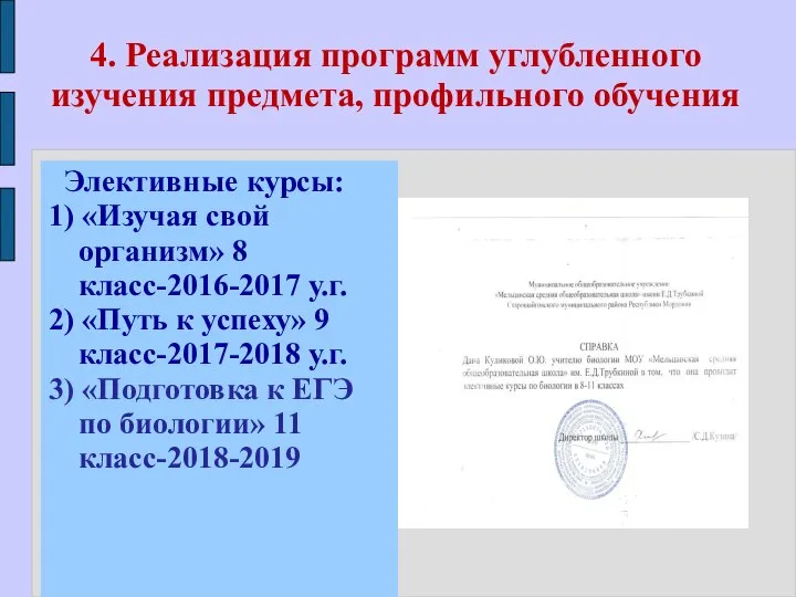 4. Реализация программ углубленного изучения предмета, профильного обучения Элективные курсы: 1)