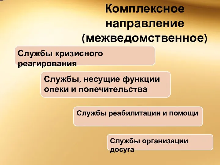 Комплексное направление (межведомственное) Службы реабилитации и помощи Службы организации досуга Службы,