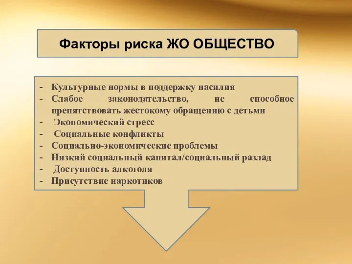 Культурные нормы в поддержку насилия Слабое законодательство, не способное препятствовать жестокому