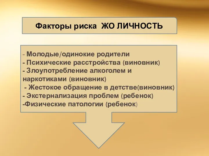 - Молодые/одинокие родители - Психические расстройства (виновник) - Злоупотребление алкоголем и