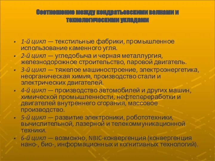 Соотношение между кондратьевскими волнами и технологическими укладами 1-й цикл — текстильные