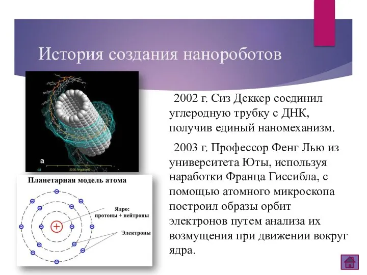 История создания нанороботов 2002 г. Сиз Деккер соединил углеродную трубку с