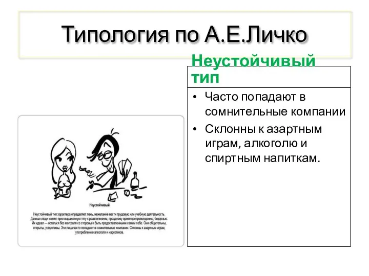 Типология по А.Е.Личко Неустойчивый тип Часто попадают в сомнительные компании Склонны