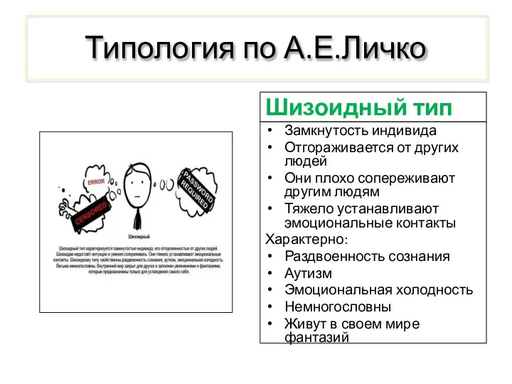 Типология по А.Е.Личко Шизоидный тип Замкнутость индивида Отгораживается от других людей