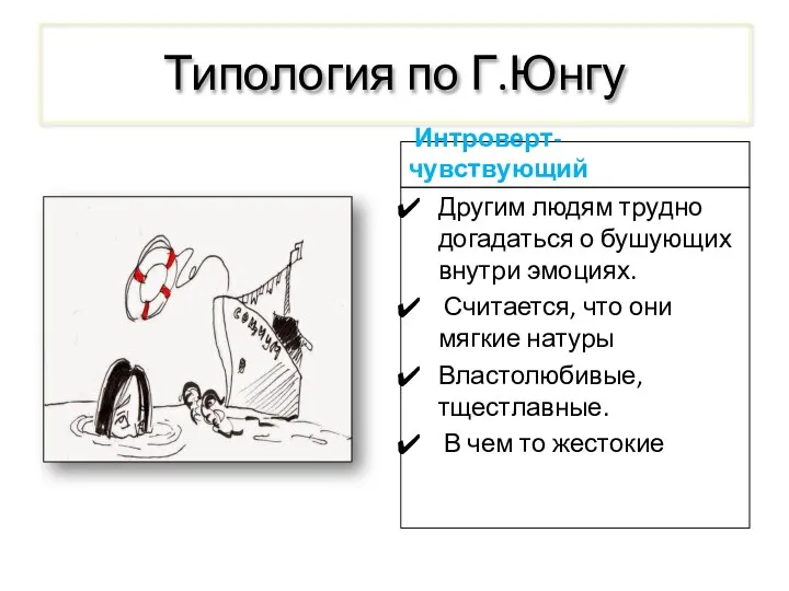 Типология по Г.Юнгу Интроверт- чувствующий Другим людям трудно догадаться о бушующих