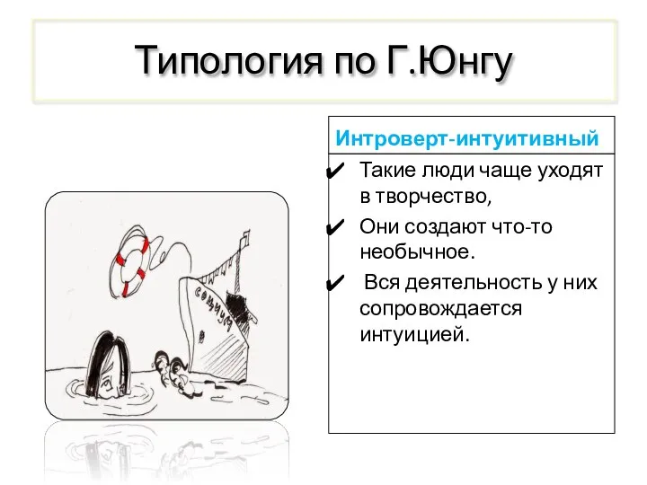 Типология по Г.Юнгу Интроверт-интуитивный Такие люди чаще уходят в творчество, Они