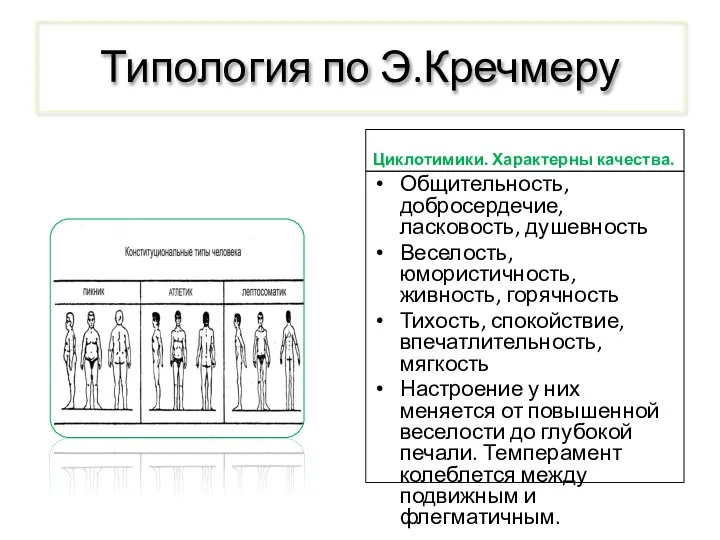 Типология по Э.Кречмеру Циклотимики. Характерны качества. Общительность, добросердечие, ласковость, душевность Веселость,