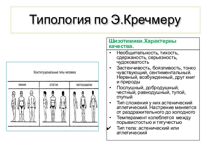 Типология по Э.Кречмеру Шизотимики.Характерны качества. Необщительность, тихость, сдержаность, серьезность, чудоковатость Застенчивость,