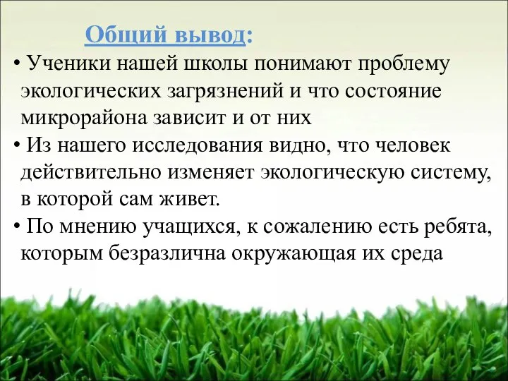 Общий вывод: Ученики нашей школы понимают проблему экологических загрязнений и что