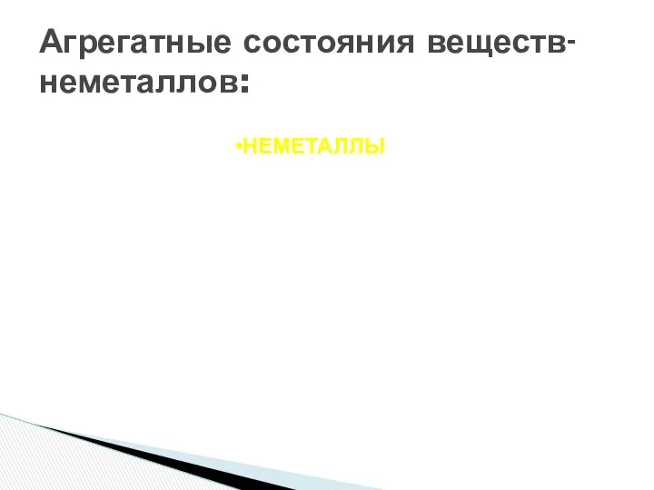 Агрегатные состояния веществ-неметаллов: НЕМЕТАЛЛЫ (ПРОСТЫЕ ВЕЩЕСТВА) ГАЗЫ ( Кислород, Водород, Азот,