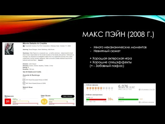 МАКС ПЭЙН (2008 Г.) Много неканонических моментов Невнятный сюжет + Хорошая