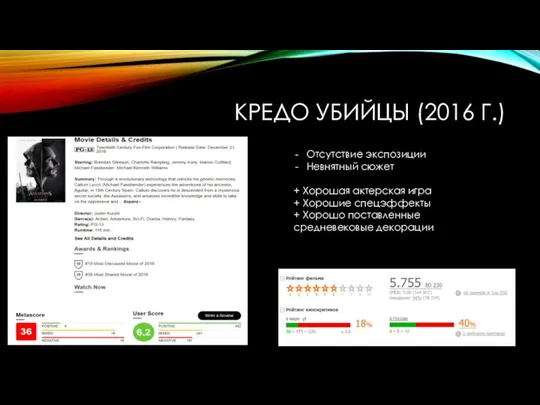 КРЕДО УБИЙЦЫ (2016 Г.) Отсутствие экспозиции Невнятный сюжет + Хорошая актерская