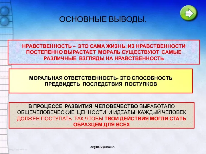 ОСНОВНЫЕ ВЫВОДЫ. НРАВСТВЕННОСТЬ – ЭТО САМА ЖИЗНЬ. ИЗ НРАВСТВЕННОСТИ ПОСТЕПЕННО ВЫРАСТАЕТ