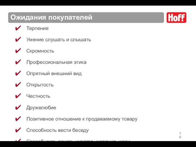 Ожидания покупателей Терпение Умение слушать и слышать Скромность Профессиональная этика Опрятный