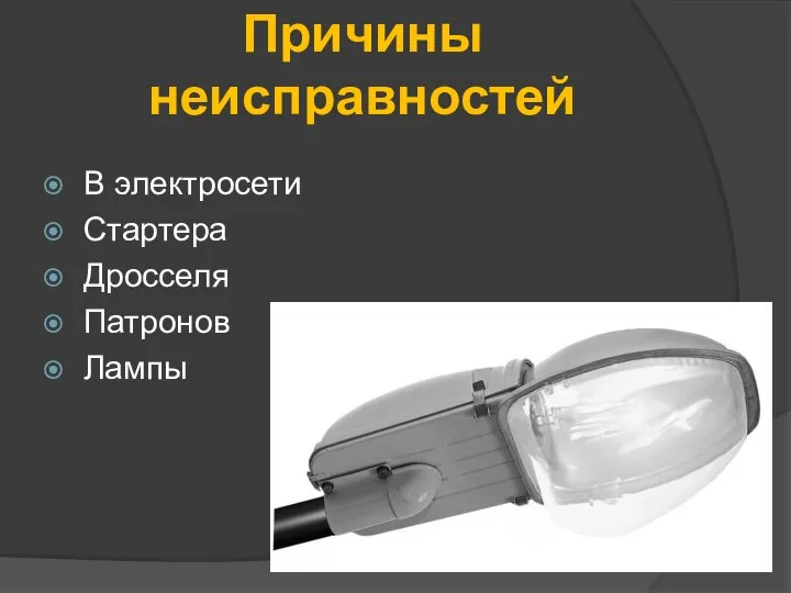 Причины неисправностей В электросети Стартера Дросселя Патронов Лампы