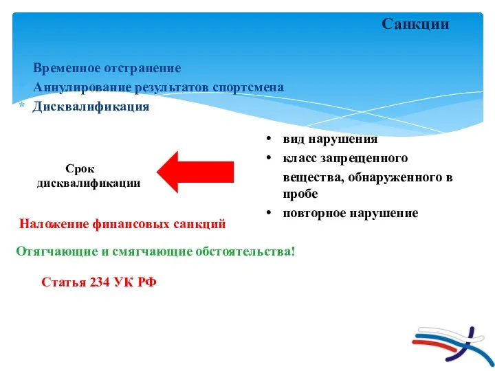 Временное отстранение Аннулирование результатов спортсмена Дисквалификация Санкции вид нарушения класс запрещенного