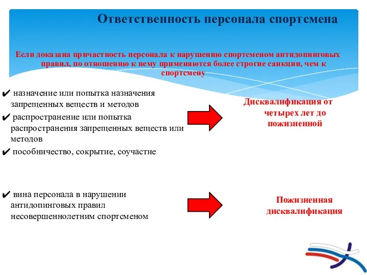 Если доказана причастность персонала к нарушению спортсменом антидопинговых правил, по отношению