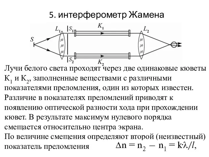 5. интерферометр Жамена Лучи белого света проходят через две одинаковые кюветы