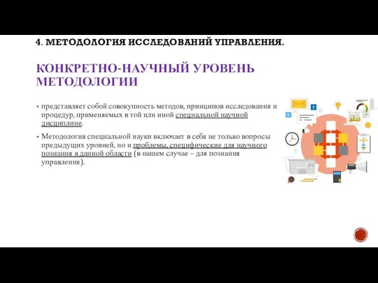 КОНКРЕТНО-НАУЧНЫЙ УРОВЕНЬ МЕТОДОЛОГИИ представляет собой совокупность методов, принципов исследования и процедур,