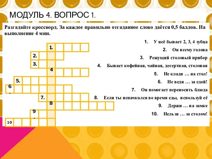 МОДУЛЬ 4. ВОПРОС 1. Разгадайте кроссворд. За каждое правильно отгаданное слово