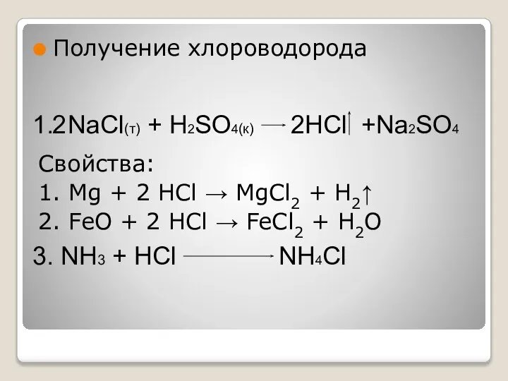 Получение хлороводорода Свойства: 1. Mg + 2 HCl → MgCl2 +