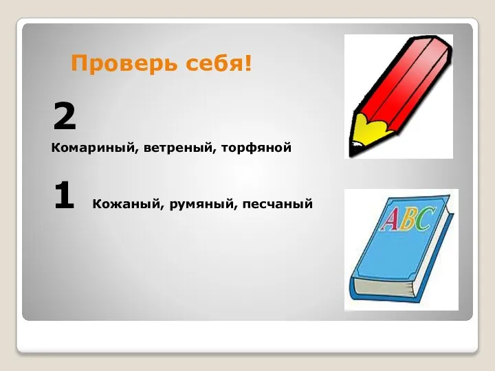 Проверь себя! 2 Комариный, ветреный, торфяной 1 Кожаный, румяный, песчаный