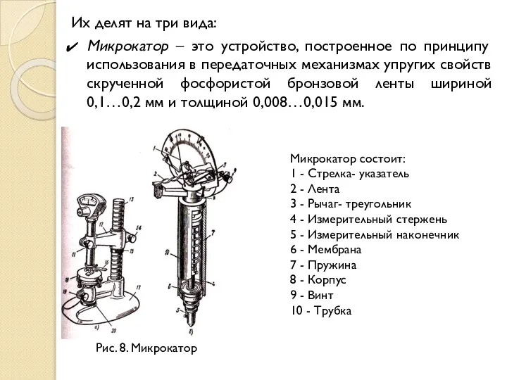 Их делят на три вида: Микрокатор – это устройство, построенное по