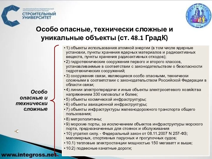 Особо опасные, технически сложные и уникальные объекты (ст. 48.1 ГрадК)