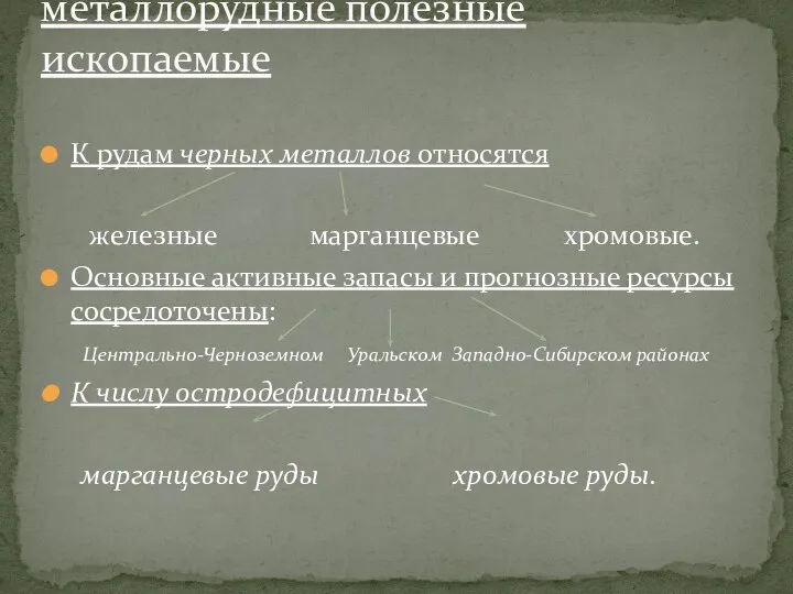 К рудам черных металлов относятся железные марганцевые хромовые. Основные активные запасы