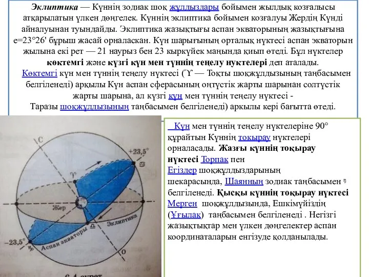 Эклиптика — Күннің зодиак шоқ жұлдыздары бойымен жылдық козғалысы атқарылатын үлкен