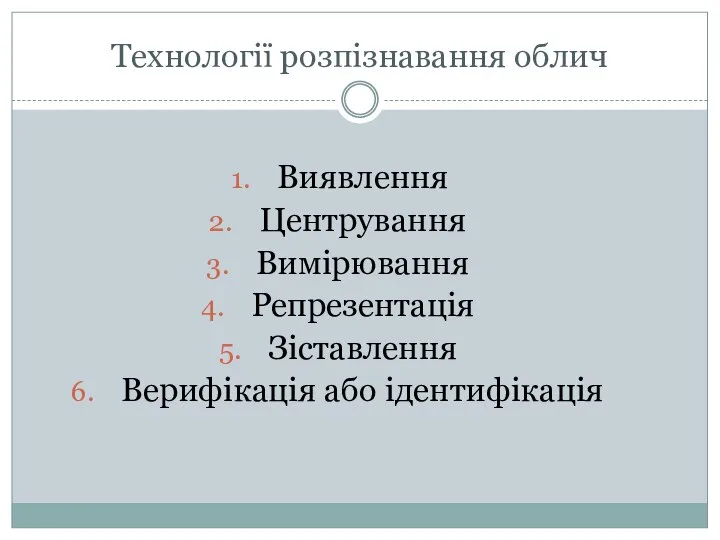 Технології розпізнавання облич Виявлення Центрування Вимірювання Репрезентація Зіставлення Верифікація або ідентифікація