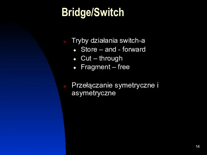 Bridge/Switch Tryby działania switch-a Store – and - forward Cut –