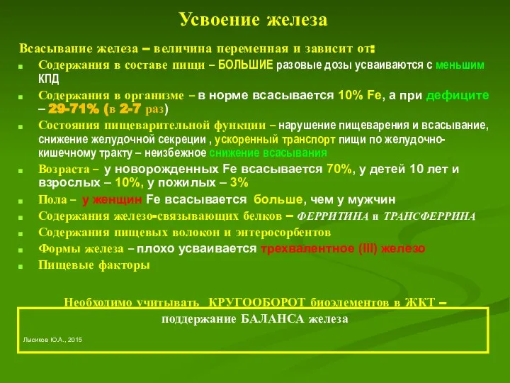 Усвоение железа Всасывание железа – величина переменная и зависит от: Содержания