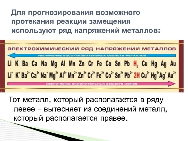 Тот металл, который располагается в ряду левее – вытесняет из соединений