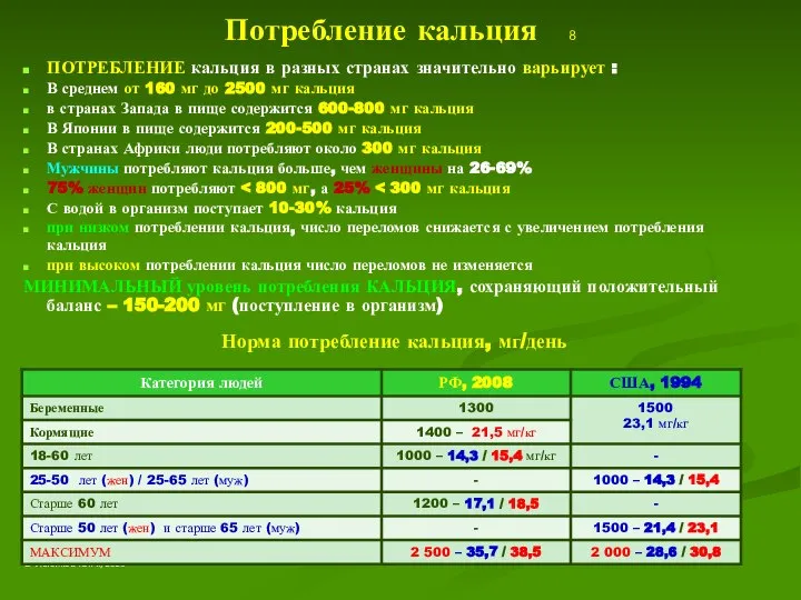 Потребление кальция 8 ПОТРЕБЛЕНИЕ кальция в разных странах значительно варьирует :