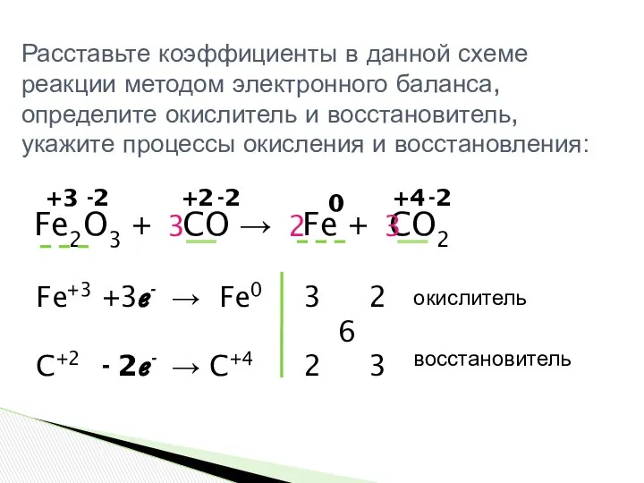 Fe2O3 + CO → Fe + CO2 Расставьте коэффициенты в данной