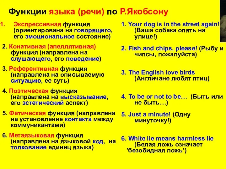 Функции языка (речи) по Р.Якобсону Экспрессивная функция (ориентирована на говорящего, его