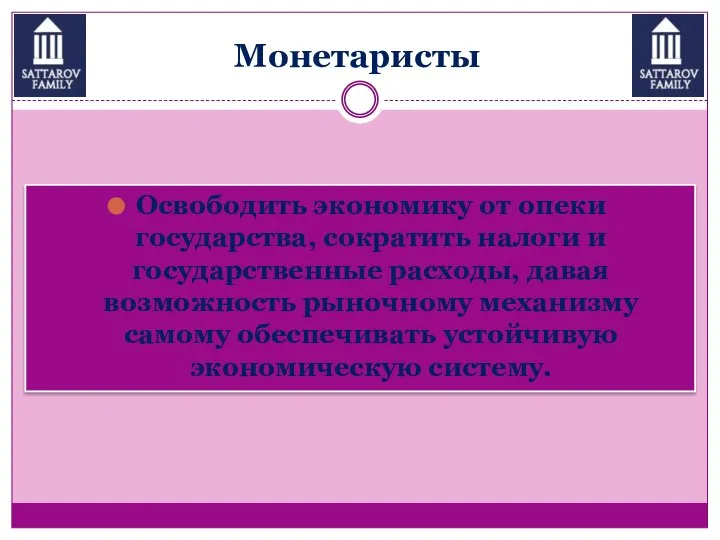 Монетаристы Освободить экономику от опеки государства, сократить налоги и государственные расходы,