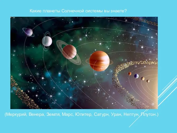 Какие планеты Солнечной системы вы знаете? (Меркурий, Венера, Земля, Марс, Юпитер, Сатурн, Уран, Нептун, Плутон.)