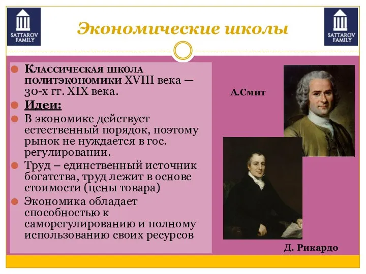 Экономические школы Классическая школа политэкономики XVIII века — 30-х гг. XIX