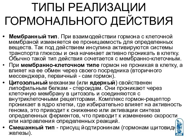 ТИПЫ РЕАЛИЗАЦИИ ГОРМОНАЛЬНОГО ДЕЙСТВИЯ Мембранный тип. При взаимодействии гормона с клеточной