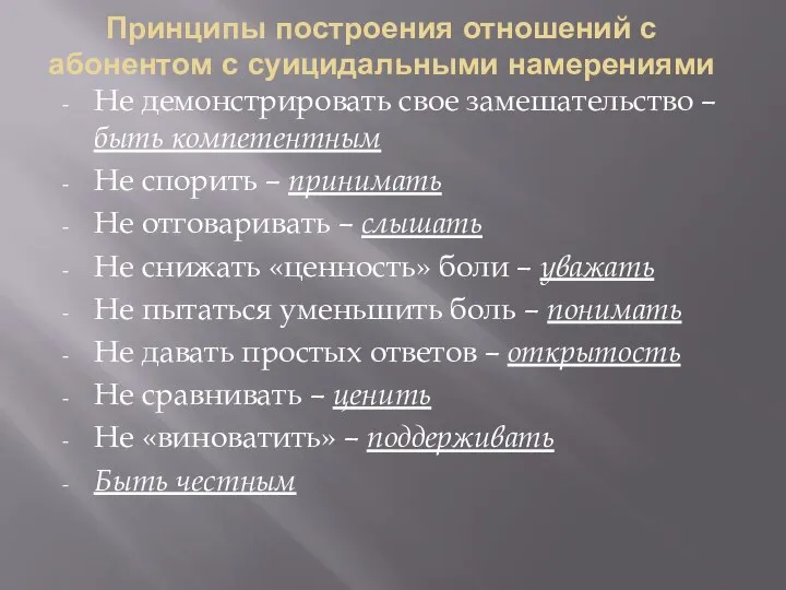 Принципы построения отношений с абонентом с суицидальными намерениями Не демонстрировать свое