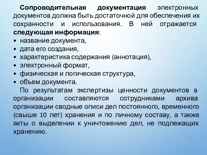 Сопроводительная документация электронных документов должна быть достаточной для обеспечения их сохранности