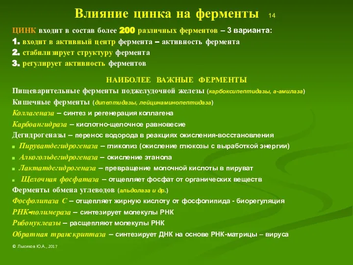 Влияние цинка на ферменты 14 ЦИНК входит в состав более 200