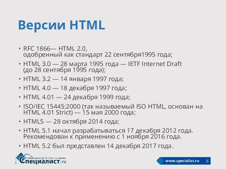 Версии HTML RFC 1866— HTML 2.0, одобренный как стандарт 22 сентября1995