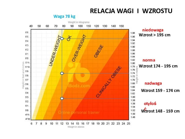 otyłość nadwaga norma niedowaga Waga 78 kg Wzrost > 195 cm