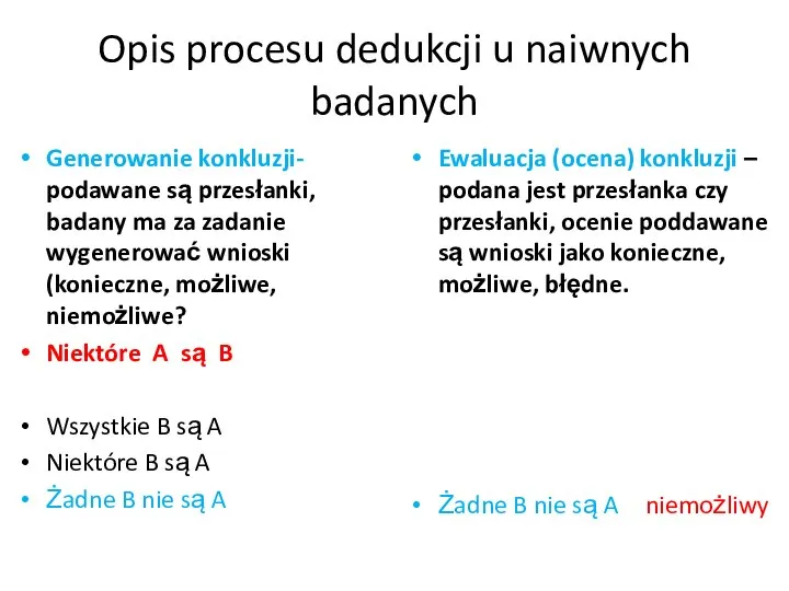 Opis procesu dedukcji u naiwnych badanych Generowanie konkluzji- podawane są przesłanki,