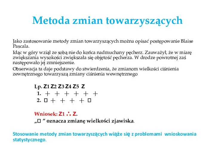 Metoda zmian towarzyszących Jako zastosowanie metody zmian towarzyszących można opisać postępowanie