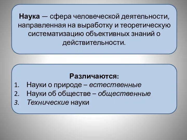 Наука — сфера человеческой деятельности, направленная на выработку и теоретическую систематизацию